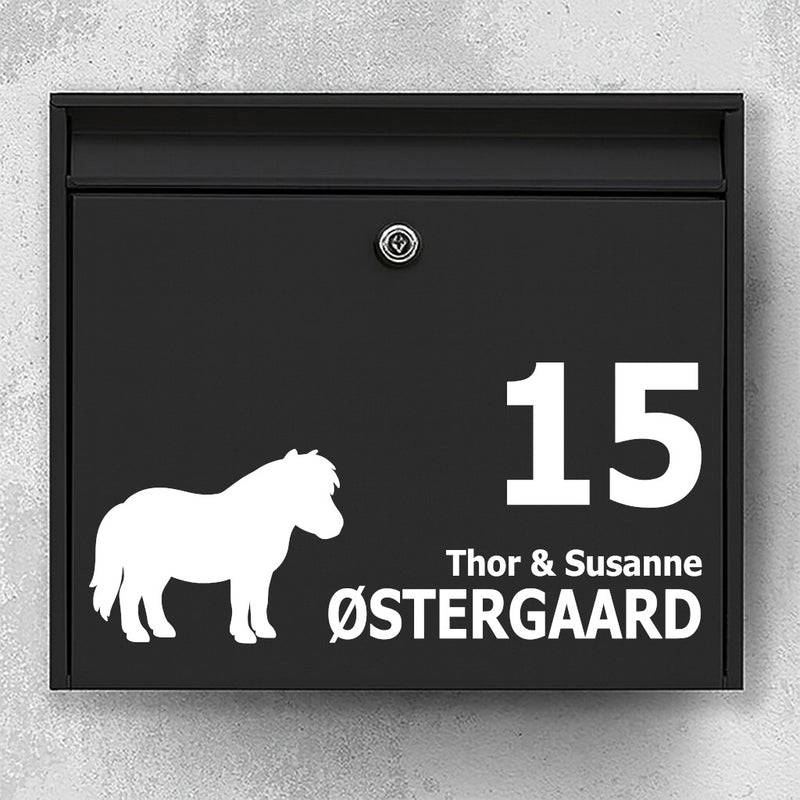 Briefkastenaufkleber mit Shetlandpony-Silhouette – personalisierbar mit Name und Hausnummer – wetterfestes Vinyl
