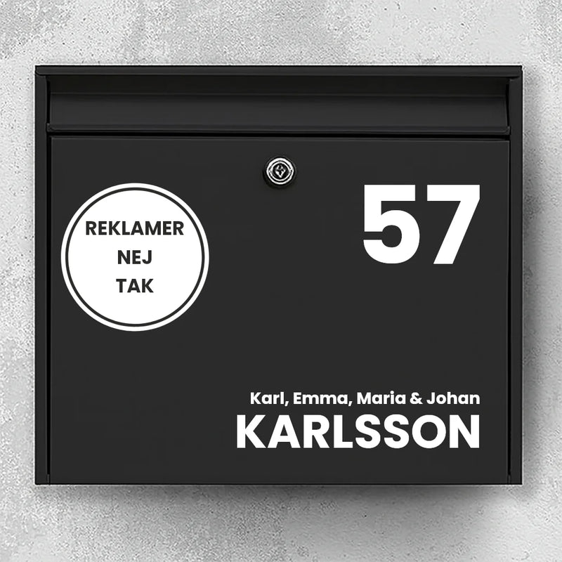 Briefkastenaufkleber – große Hausnummer, rundes werbefreies Emblem & Nachname (mit Zeile für den Vornamen)
