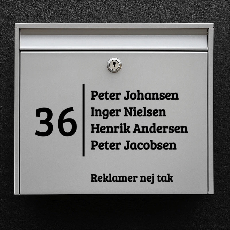 Briefkastenaufkleber – große Hausnummer mit vertikaler Trennlinie, Namensliste und „Keine Werbung“-Linie