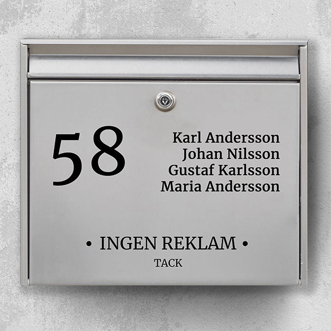 Briefkastenschild – mehrere Namen + Hausnummer und „Keine Werbung“ – individuelles Design aus strapazierfähiger Outdoor-Vinylfolie