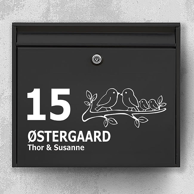 Briefkastenaufkleber mit Vögeln auf einem Ast – personalisierter Namensaufkleber und Hausnummer – wetterfestes Vinyl