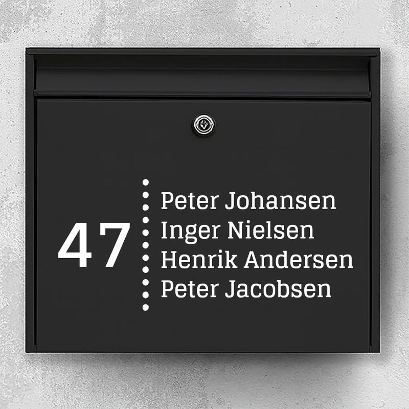 Briefkastenaufkleber – Hausnummer mit gestrichelter Trennlinie und Namensliste