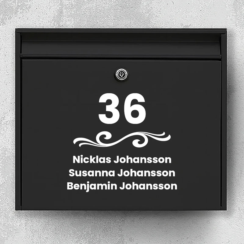 Briefkastenaufkleber – Hausnummer mit Ornament und Namensliste