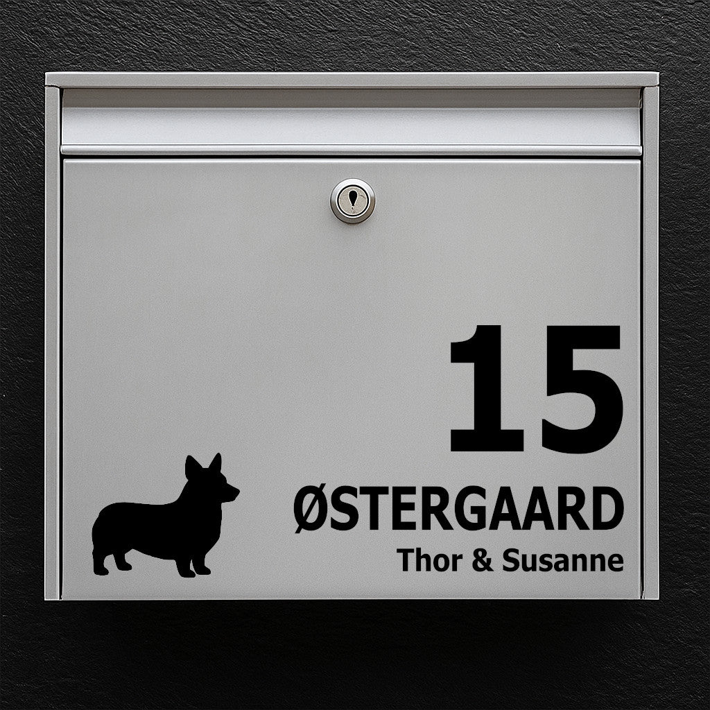 Briefkastenaufkleber mit Corgi-Silhouette – Personalisiertes Namensschild und Hausnummer – Wetterfestes Vinyl