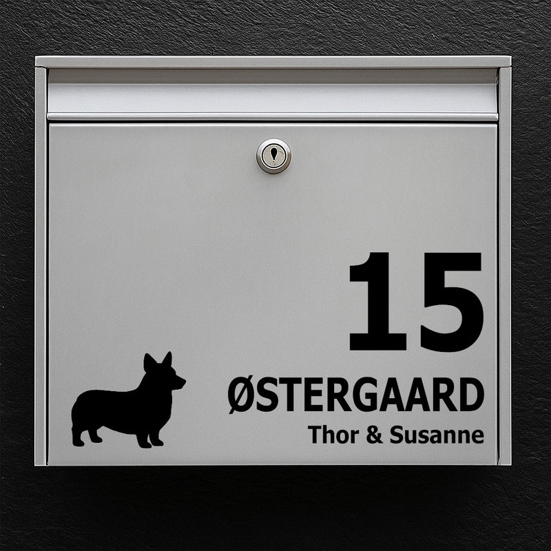 Briefkastenaufkleber mit Corgi-Silhouette – Personalisiertes Namensschild und Hausnummer – Wetterfestes Vinyl
