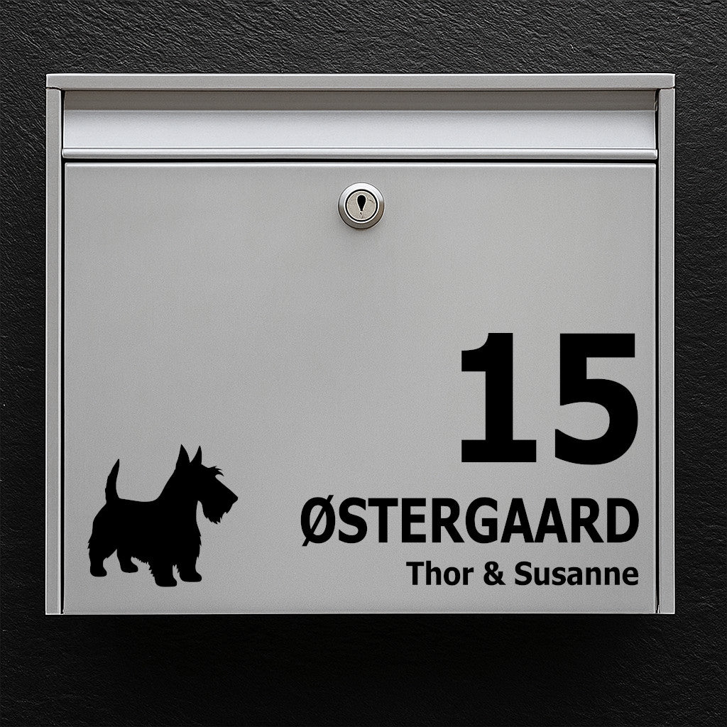 Briefkastenschild – Motiv: Schottischer Terrier – individueller Text in mehreren Zeilen – robuster Aufkleber für den Außenbereich