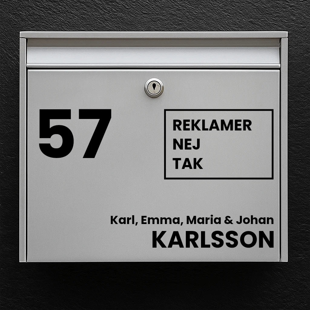 Briefkastenaufkleber – große Hausnummer, werbefreies quadratisches Schild und Nachname (mit Zeile für den Vornamen) 