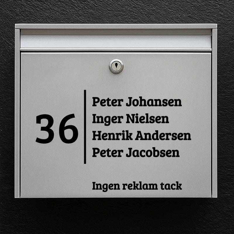 Briefkastenaufkleber – große Hausnummer mit vertikaler Trennlinie, Namensliste und „Keine Werbung“-Linie 