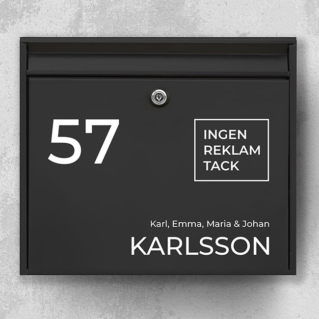 Briefkastenschild – modernes Design mit Hausnummer links, Familienname und Symbol „Bitte keine Werbung“ – robuster Aufkleber für den Außenbereich