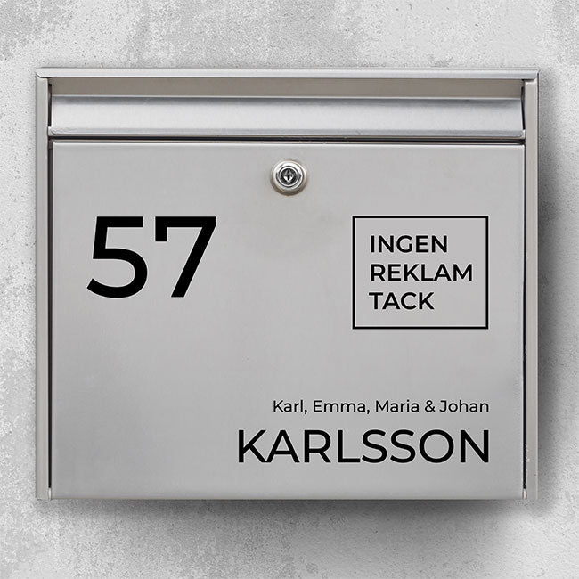 Briefkastenschild mit großer Hausnummer, quadratischem Hinweisschild „Keine Werbung, bitte“ und Nachnamen am unteren Rand – wetterfeste Vinylfolie