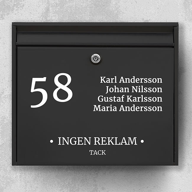 Briefkastenaufkleber mit Hausnummer, mehrzeiliger Namensliste und dem Text „KEINE WERBUNG – DANKE“ – persönlich und wetterfest