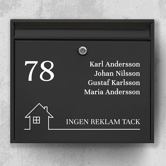 Klassischer Briefkastenaufkleber – Hausnummer links, übersichtliche Namensliste und unten das Feld „Bitte keine Werbung“ – robuster Aufkleber für den Außenbereich