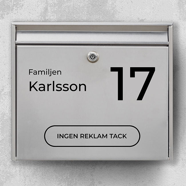Briefkastenaufkleber – gut lesbare Typografie mit Familiennamen und Hausnummer sowie dem Feld „Bitte keine Werbung“ – robuster Außenaufkleber