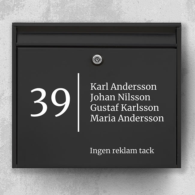 Moderner Briefkastenaufkleber – Hausnummer links, Namensfeld rechts und unten der Text „Bitte keine Werbung“ – robuster Außenaufkleber