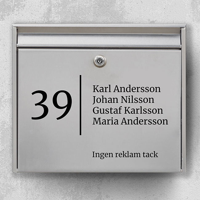 Briefkastenschild mit großer Hausnummer, vertikaler Trennlinie, Namensliste und Feld „Bitte keine Werbung“ – wetterfestes Vinyl