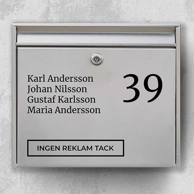 Moderner Briefkastenaufkleber – mehrere Zeilen mit Bewohnernamen, gut lesbare Hausnummer und eingerahmtes Feld „Bitte keine Werbung“ – robuster Aufkleber für den Außenbereich