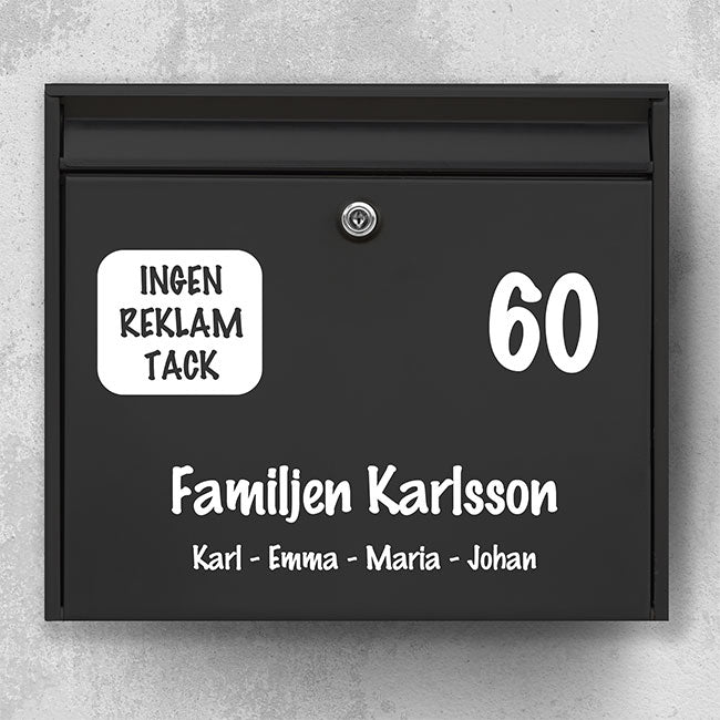 Briefkastenaufkleber in handgeschriebener Optik – große Hausnummer, Familienname und Emblem „Bitte keine Werbung“ – wetterfeste Vinylfolie