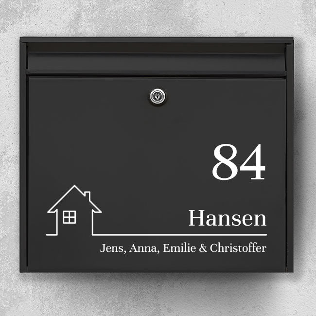 Briefkastenaufkleber mit Haussymbol und großer Hausnummer – klassisches Design mit Nachnamen und Familienname – wetterfestes Vinyl