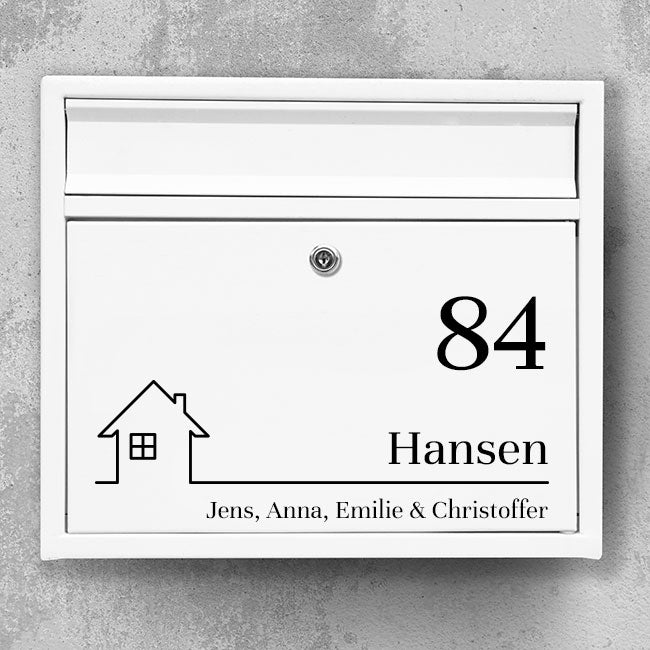 Briefkastenschild – minimalistische Hausumrisse, gut lesbare Hausnummer und Platz für Familiennamen – robustes Außenetikett