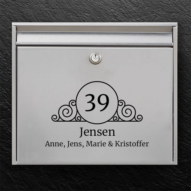 Elegantes Briefkastenetikett – Kreis mit Zahlen und verschnörkeltem Design, Nachname und Namensfeld in Serifenschrift – robuster Aufkleber für den Außenbereich