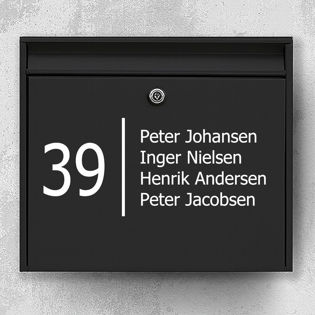 Briefkastenaufkleber mit großer Hausnummer und vertikaler Trennlinie – mehrzeilige Namensliste – wetterfestes Vinyl
