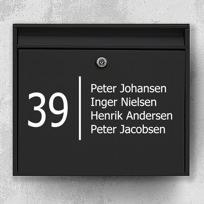 Briefkastenaufkleber mit großer Hausnummer und vertikaler Trennlinie – mehrzeilige Namensliste – wetterfestes Vinyl