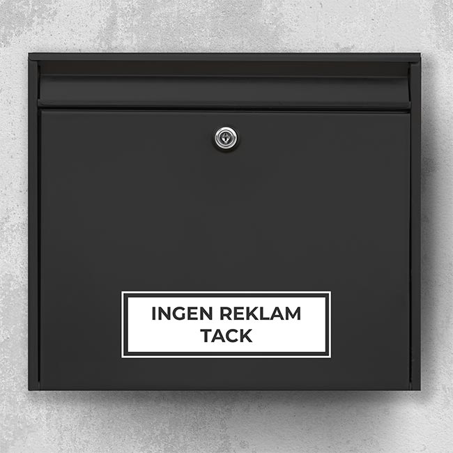 Aufkleber für werbefreien Briefkasten – rechteckige schwarze Platte mit dem Text „Bitte keine Werbung“ auf silbergrauem Briefkasten