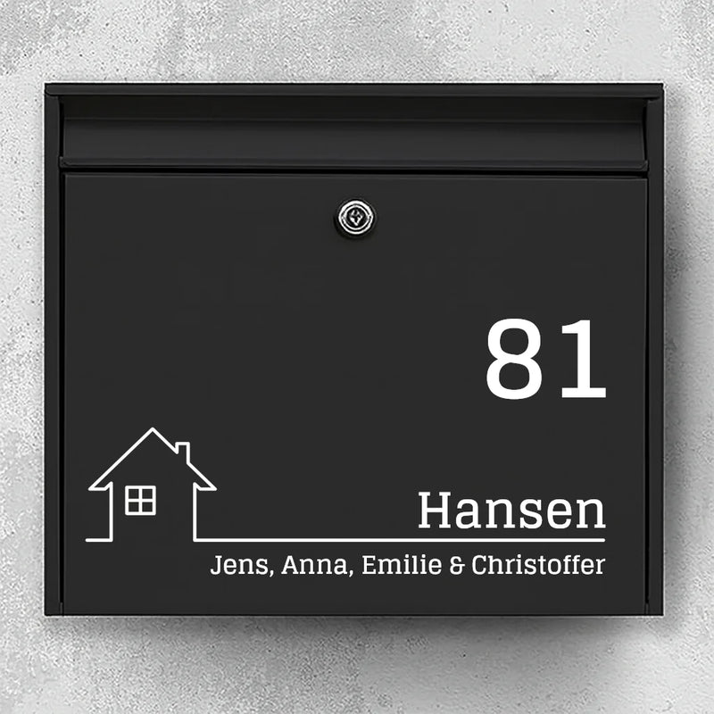 Briefkastenaufkleber – Haussymbol, große Hausnummer und Familienname