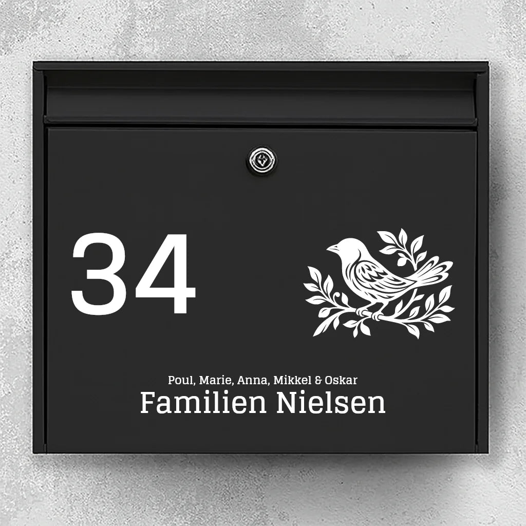 Briefkastenaufkleber – Vogelsymbol mit Hausnummer, Familienname und Vornamen 