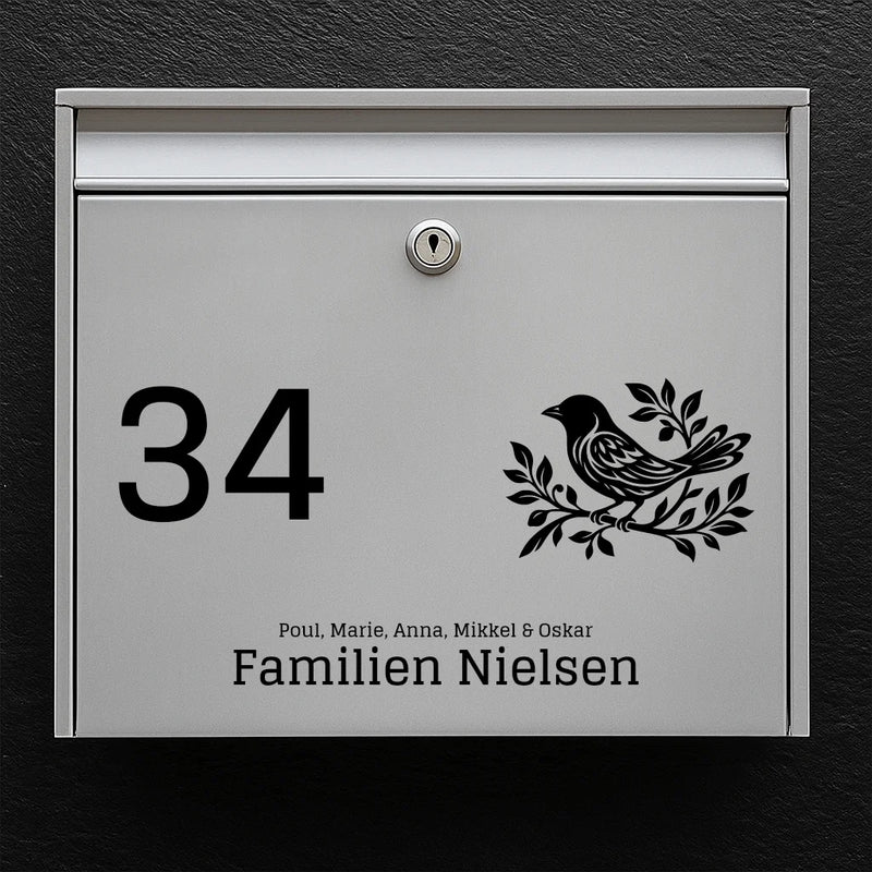 Briefkastenaufkleber – Vogelsymbol mit Hausnummer, Familienname und Vornamen 