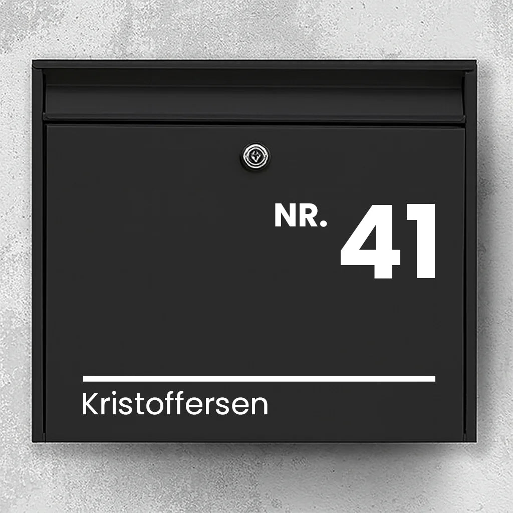 Briefkastenaufkleber – „NR.“ Große Hausnummer und Nachname mit Linie