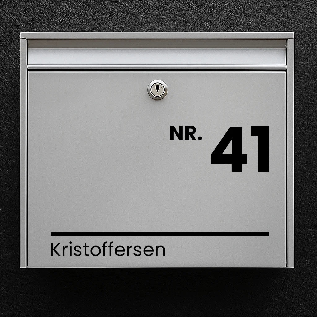Briefkastenaufkleber – „NR.“ Große Hausnummer und Nachname mit Linie