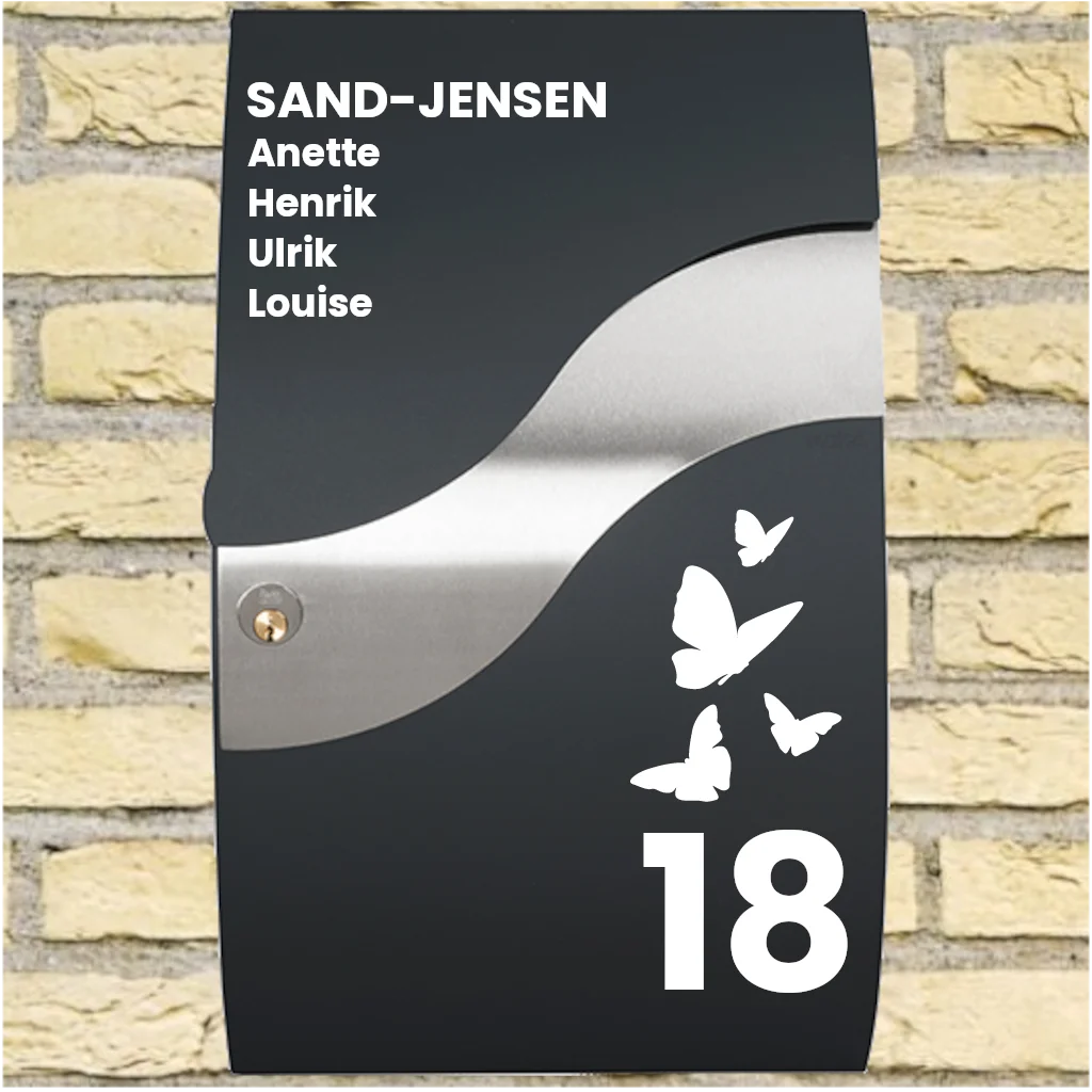 Briefkasten-Aufkleber – Wave-Layout mit Schmetterlingmotiv, Nachname, Vornamen & Hausnummer