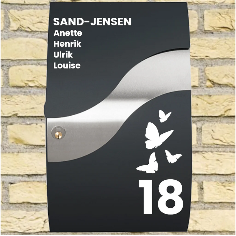 Briefkasten-Aufkleber – Wave-Layout mit Schmetterlingmotiv, Nachname, Vornamen & Hausnummer