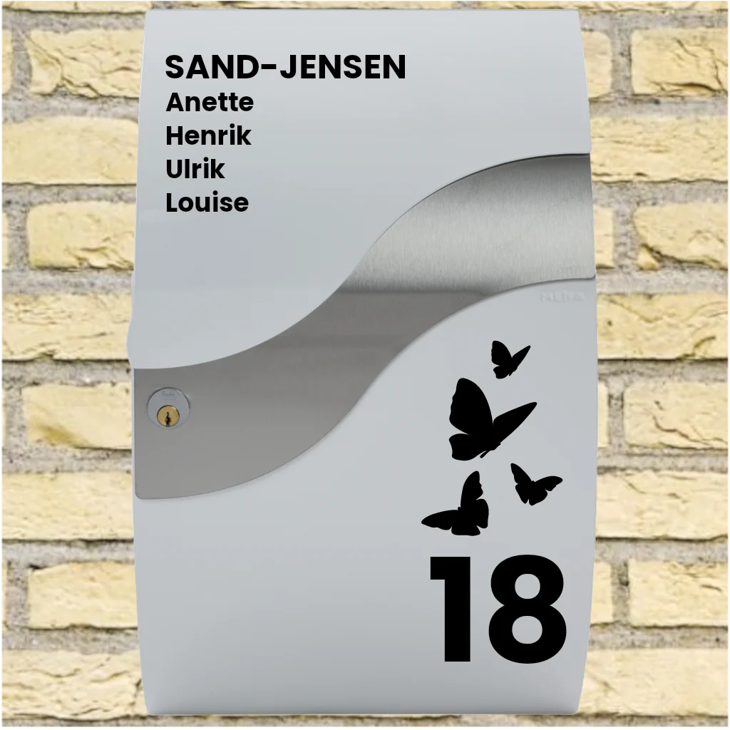 Briefkasten-Aufkleber – Wave-Layout mit Schmetterlingmotiv, Nachname, Vornamen & Hausnummer