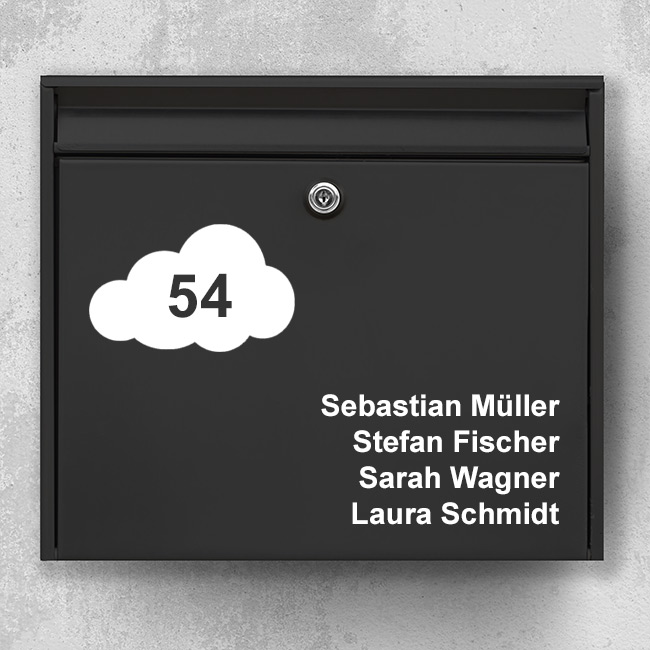 Briefkastenschild: Wolke mit Namen und Hausnummern briefkastenschild G